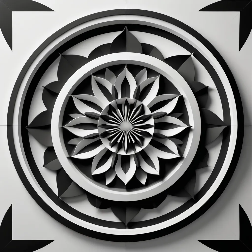 Prompt: 3d Mandala with an  optical illusion, clear lines, bold print, black and white, coloring pages