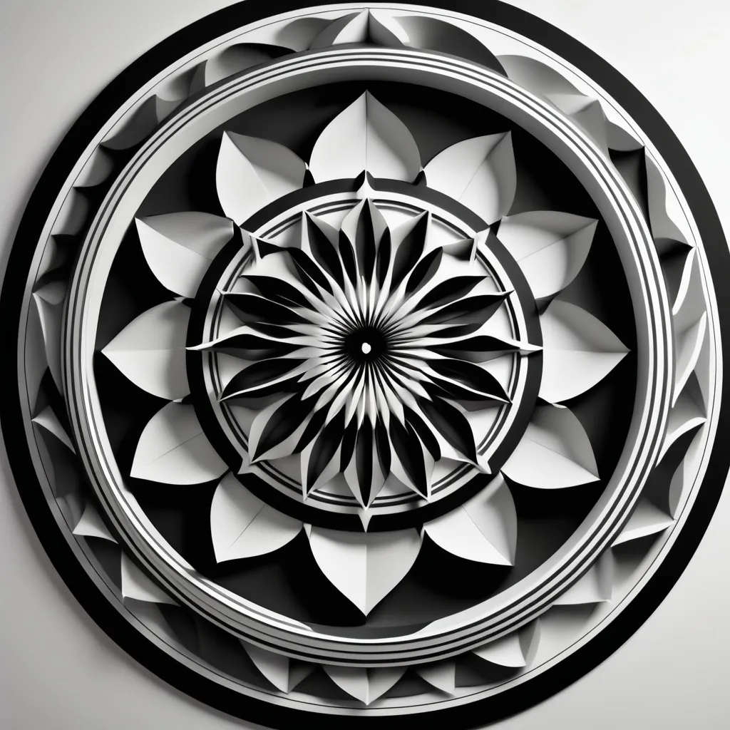 Prompt: 3d Mandala with an  optical illusion, clear lines, bold print, black and white, coloring pages