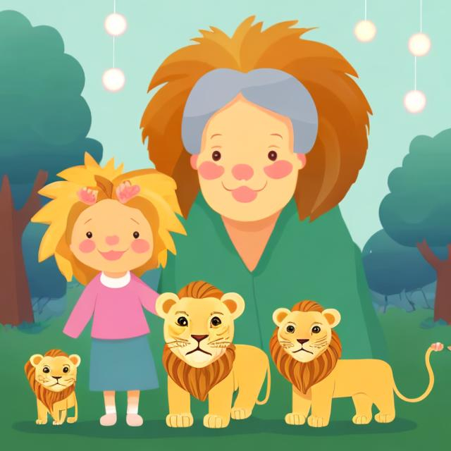 Prompt: Create an image with a little girl and her cute grandmother. Add in a cute lion by their side. 