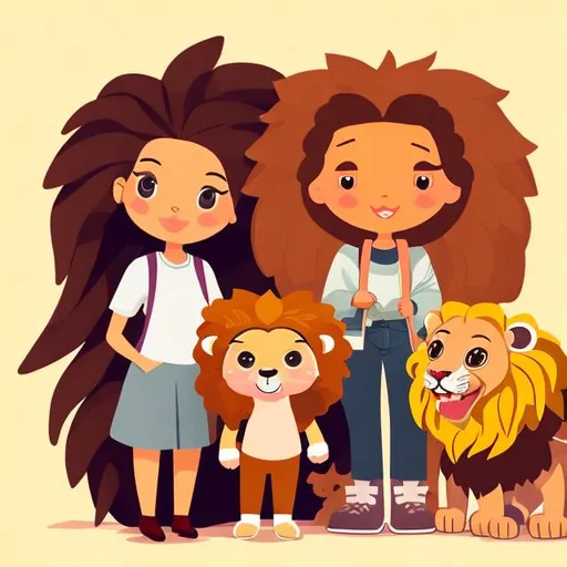 Prompt: Create a short video, with a girl with a cute lion sidekick, a cute grandmother, and a German man 