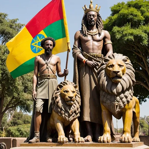 Prompt: Ethiopian King With A Rastafarian Flag and A lion of Judah statue