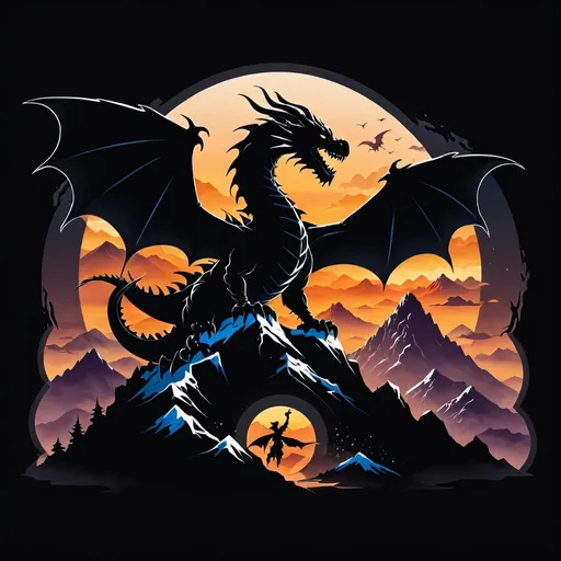 Prompt: Create a square logo symbol of a silhouette of a high dragon flying over a silhouette of a mountain for a fantasy game