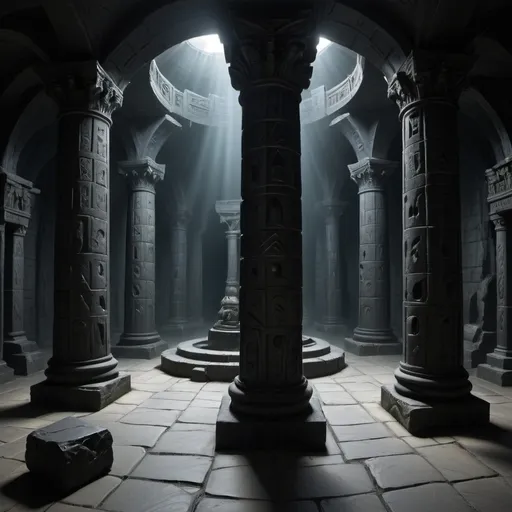 Prompt: a broad chamber with four black stone pillars, each etched with Ancient Runeworks and housing a Small Speacker-like Horn. On the far left and right walls are sealed stone doors, which seems to be locked by unknown mechanisms.