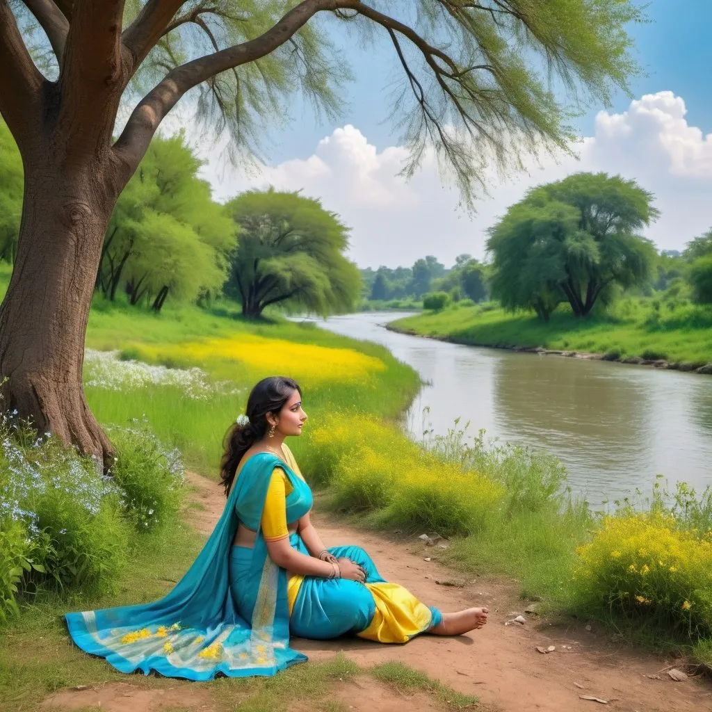 Prompt: A river with blue,  crystal clear water, tiny blue and yellow flowers on the riverside shrubs, a green meadow beside the river, many big trees on the meadow. Blue sky with white clouds. A 30 years old curvy woman wearing a saree in sitting under a tree on the meadow