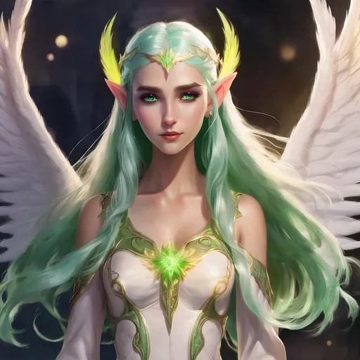 Prompt: Elf with long light green hair, green eyes, angel wings