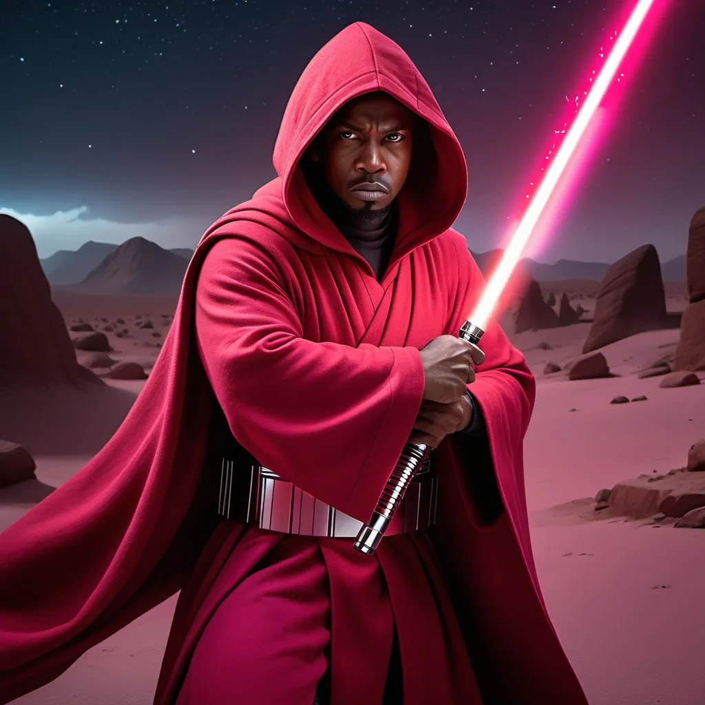 Prompt: Model: DynaVision XL, Star wars Elite Praetorian Guard, black man goatee, hooded cloak, magenta light saber, aggressive fighting stance, angry, burning village, night sky stars