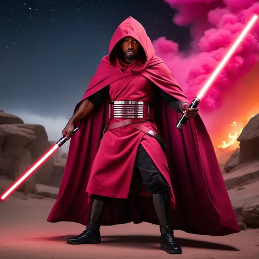 Prompt: Model: DynaVision XL, Star wars Elite Praetorian Guard, black man goatee, hooded cloak, magenta light saber, aggressive fighting stance, angry, burning village, night sky stars