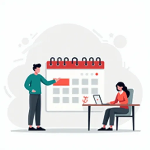 Prompt: Flat vector illustration, minimalist style, for a website's 'events' section.
The scene features a large, stylized calendar icon as the central focus, with one date prominently highlighted in red.
A character (Person A, wearing a teal shirt and dark grey pants) stands beside the calendar, pointing towards the highlighted date, as if making an announcement.
Another character (Person B, with a red top and light grey pants) is seated nearby, looking at a laptop and facing the calendar, representing an attendee.
Characters are diverse, with simplified features and slightly elongated proportions, consistent with the provided style.
The color palette is primarily teal (Pantone P 121-8 C), dark grey/charcoal (Pantone P 179-15 C), and a strong accent red (Pantone P 49-8 C), with light grey (Pantone Cool Gray 1 C) and white for backgrounds and details.
Include abstract, soft organic shapes in light grey in the background. The overall background is white.
The image should evoke a sense of announcement, scheduling, and participation, matching a clean, modern aesthetic.