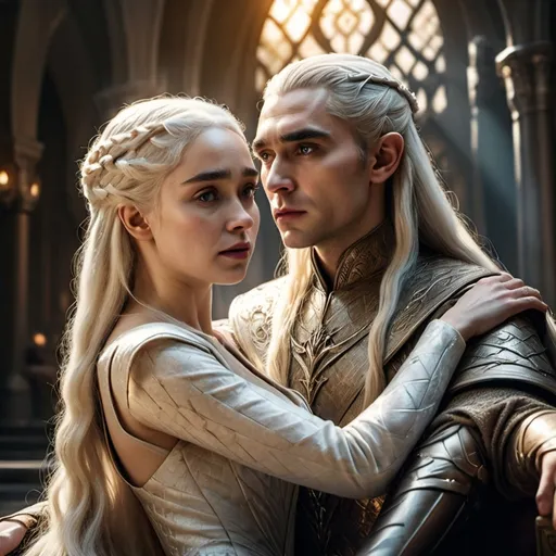 Prompt: Daenerys and Thranduil sitting on the throne, epic fantasy setting, opulent throne room, majestic, intricate medieval architecture, *grandiose* golden and white tones, dramatic, mystical atmosphere, rays of light streaming through high arched windows, ethereal glow, royal and powerful presence, detailed facial features, elegant attire, high definition, ultra-detailed, 4K resolution, vibrant colors, cinematic masterpiece.