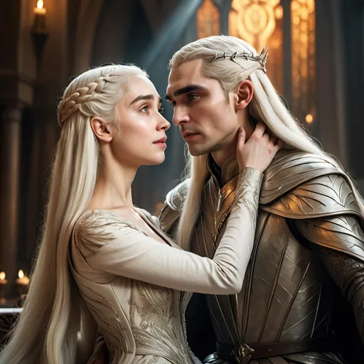 Prompt: Daenerys and Thranduil sitting on the throne, epic fantasy setting, opulent throne room, majestic, intricate medieval architecture, *grandiose* golden and white tones, dramatic, mystical atmosphere, rays of light streaming through high arched windows, ethereal glow, royal and powerful presence, detailed facial features, elegant attire, high definition, ultra-detailed, 4K resolution, vibrant colors, cinematic masterpiece.