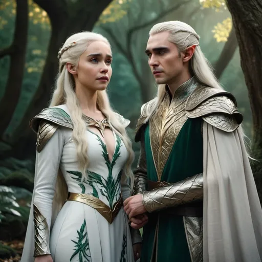 Prompt: Daenerys and Thranduil, photorealistic, cinematic lighting, dramatic poses, ethereal atmosphere, Daenerys in white and silver medieval gown with intricate dragon motifs, Thranduil in emerald and gold elven armor, regal expressions, detailed background of a mystical ancient forest, muted colors with vibrant highlights, 4K ultra-detailed, HD quality, magical elements, enchanted ambiance, high fantasy setting, rich textures and depth.