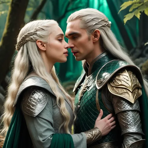 Prompt: Daenerys and Thranduil, kissing photorealistic, cinematic lighting, dramatic poses, ethereal atmosphere, Daenerys in white and silver medieval gown with intricate dragon motifs, Thranduil in emerald and gold elven armor, regal expressions, detailed background of a mystical ancient forest, muted colors with vibrant highlights, 4K ultra-detailed, HD quality, magical elements, enchanted ambiance, high fantasy setting, rich textures and depth.