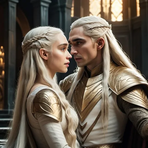 Prompt: Daenerys and Thranduil sitting on the throne, epic fantasy setting, opulent throne room, majestic, intricate medieval architecture, *grandiose* golden and white tones, dramatic, mystical atmosphere, rays of light streaming through high arched windows, ethereal glow, royal and powerful presence, detailed facial features, elegant attire, high definition, ultra-detailed, 4K resolution, vibrant colors, cinematic masterpiece.