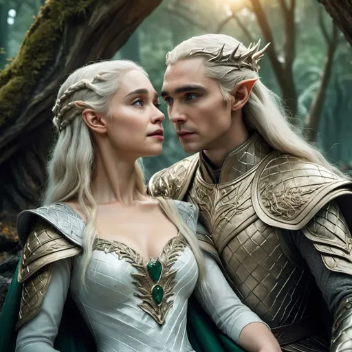 Prompt: Daenerys and Thranduil, sitting on the throne,photorealistic, cinematic lighting, dramatic poses, ethereal atmosphere, Daenerys in white and silver medieval gown with intricate dragon motifs, Thranduil in emerald and gold elven armor, regal expressions, detailed background of a mystical ancient forest, muted colors with vibrant highlights, 4K ultra-detailed, HD quality, magical elements, enchanted ambiance, high fantasy setting, rich textures and depth.