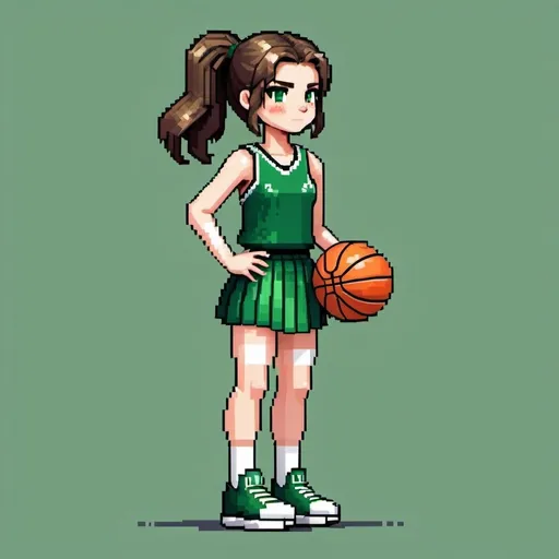 Prompt: Draw a pixelated girl with a green skirt and a basketball.