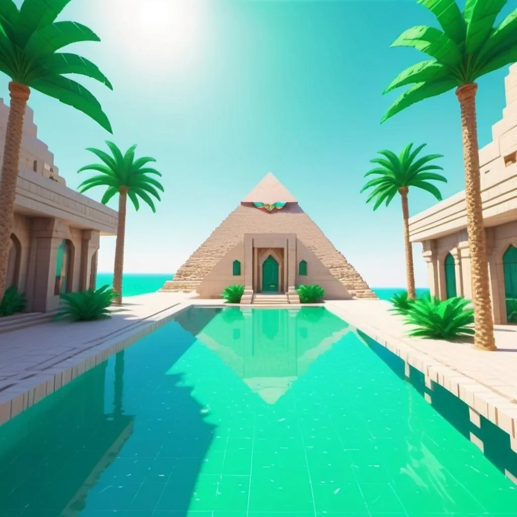 Prompt: 80s Retro style, ocean coast, similar to sonic sega, in egypt, pixelated, bright and airy, mansion