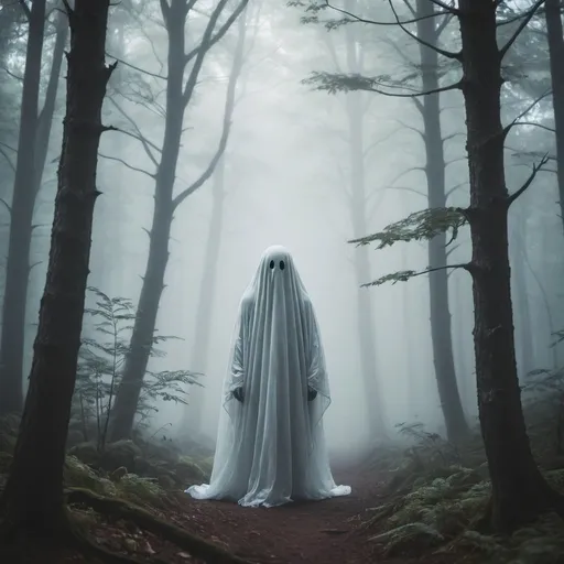 Prompt: A ghost in a foggy forest that seems lost 