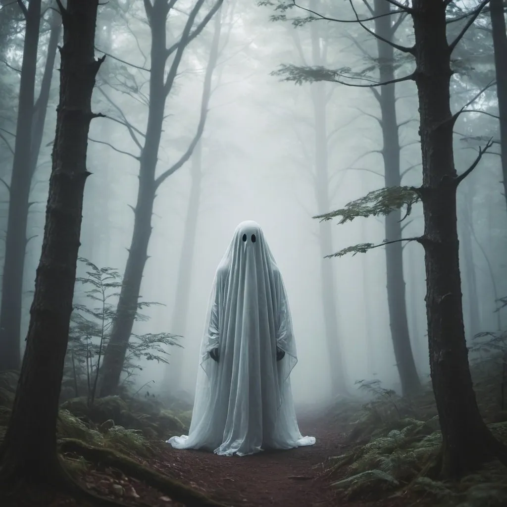 Prompt: A ghost in a foggy forest that seems lost 