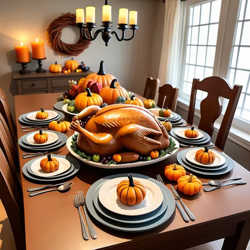 Prompt: Cartoon 
thanksgiving tablescape
