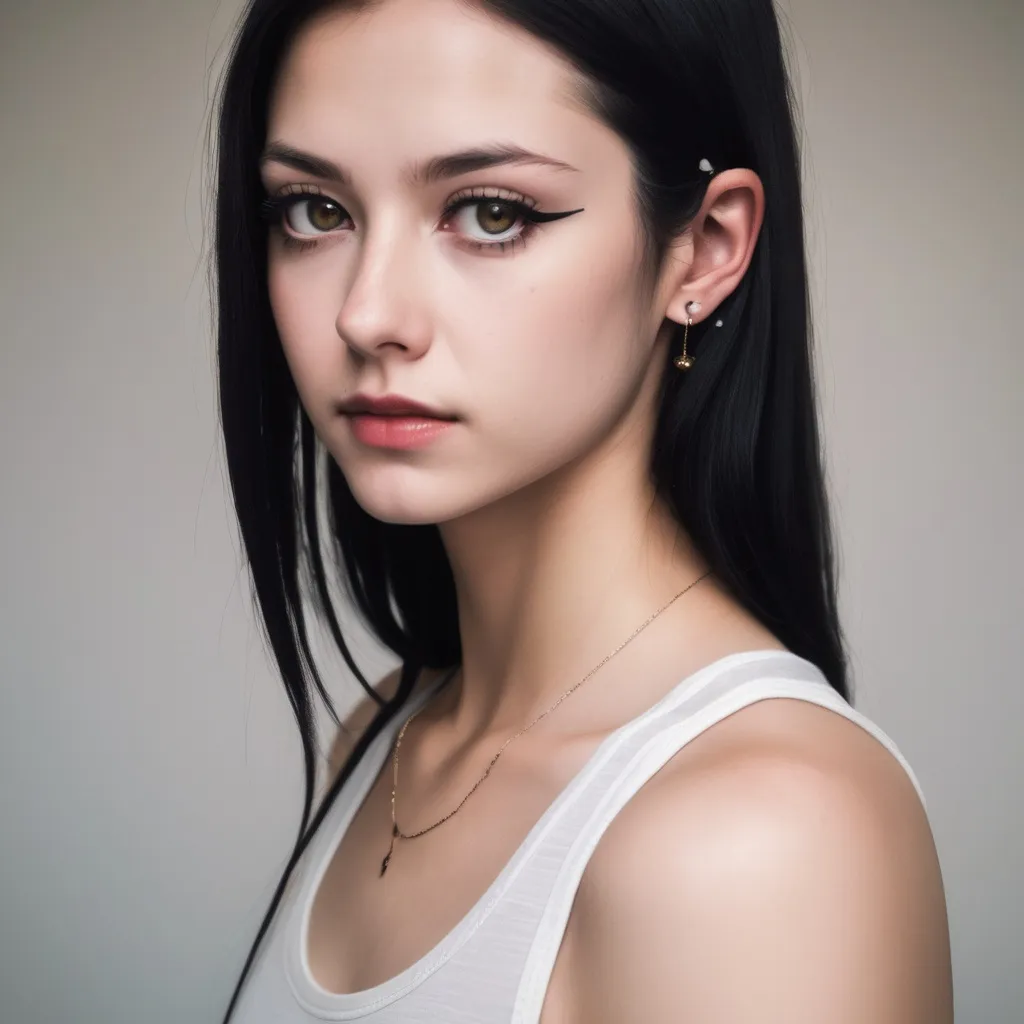 Prompt: A young female wearing white tank top. She's fair skinned. Has brown eyes, her eyeliner is red in colour and cat style. A tiny nose stud. And long sleek black hair. 