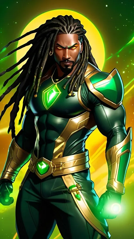 Prompt: African-American male hero, muscular, long green dreadlocks, orange glowing eyes, green goatee, black cyber ninja suit gold trim, green greeves gold trim, green dreadlocks, green dreadlocks, gold wallet chain, green boots gold trim,  cosmic energy powers 8k resolution, highly detailed, highest quality, illustrated, professional comic book style, prominent outlines 