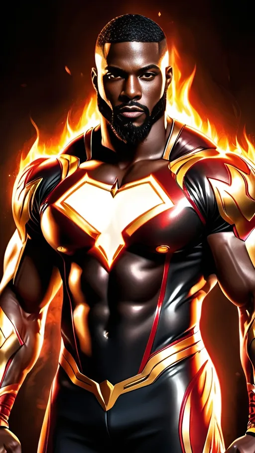 Prompt: dark skin tone. African-American male. very muscular. big muscles. extremely long beard. Black and red cybernetic long sleeve suit with gold trim, intense flame powers. fire power. flame power, body on fire, flame powers, 8k resolution, highly detailed, highest quality, illustrated, professional comic book style, prominent outlines 