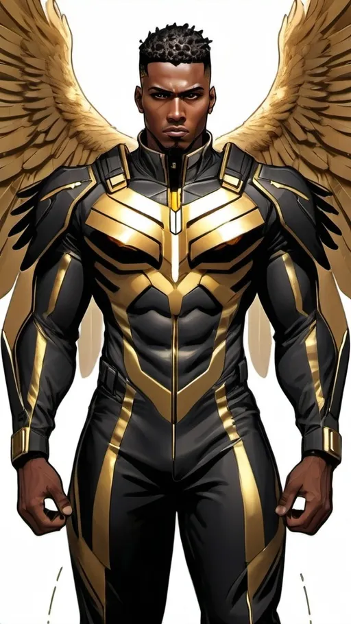 Prompt: African-American male with high top messy fade hair, long very large eagle wings, (((( black and gold futuristic tactical tech buisness suit with gold trim 1.6))), professional comic book style illustration, prominent outlines and linework, detailed feathers, futuristic urban setting, intense and powerful stance, ultra-detailed, comic book style, dramatic lighting