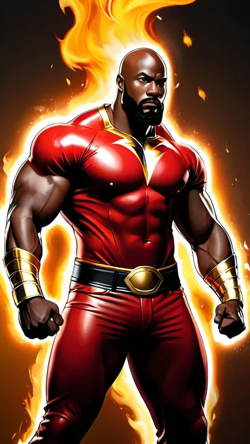 Prompt: dark skin tone. African-American male. bald head. very muscular. big muscles. extremely long beard. red and black hero tights, Red leather jacket gold trim, red leather jacket gold trim ,  red and black pants with gold trim, gold gauntlets. gold boots. gold belt. intense flame powers. fire power. flame power, body on fire, flame powers, 8k resolution, highly detailed, highest quality, illustrated, professional comic book style, prominent outlines 