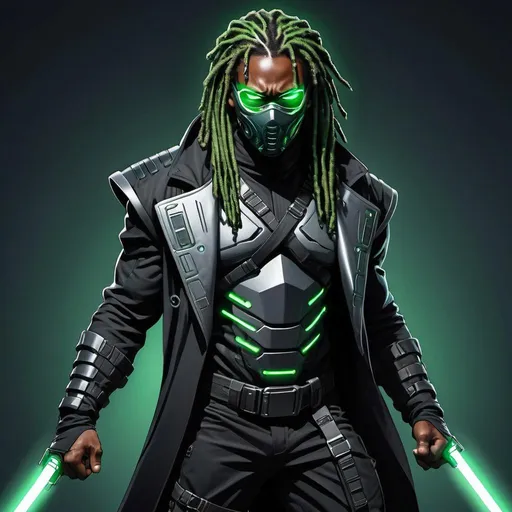 Prompt: African-American male hero, muscular, long green dreadlocks, goatee, glowing eyes, cybernetic ninja mask, (wearing all black futuristic sci fi tactical ninja gunslinger suit and trenchcoat with bold silver trim 1.5), holding sci fi ninja swords heavily armed, weapons on back, (cosmic energy powers 1.6), detailed, high quality, professional comicbook style illustration, prominent outlines and linework 