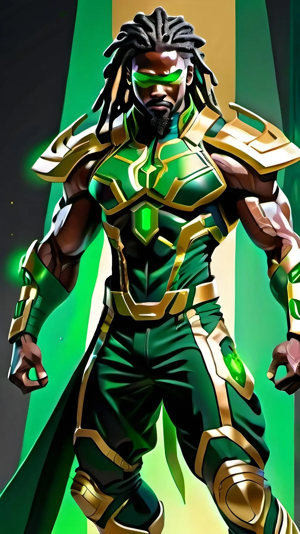 Prompt: Black male hero, muscular, long green dreadlocks, green goatee, black cyber ninja suit gold trim, green greeves gold trim, green boots gold trim,  cosmic powers 4k resolution, highly detailed 