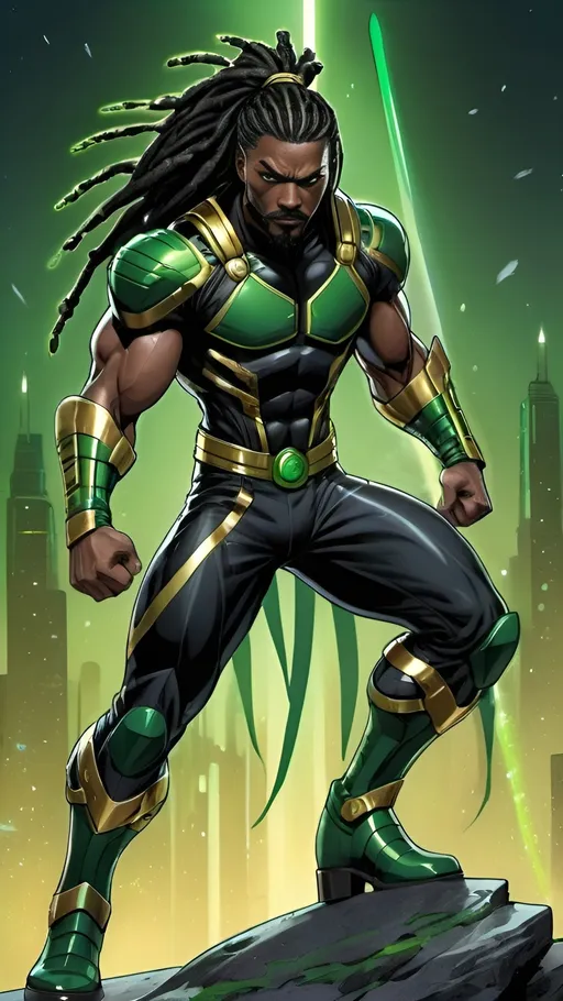 Prompt: Black male hero, muscular, long green dreadlocks, green goatee, black cyber ninja suit gold trim, green greeves gold trim, green boots gold trim,  cosmic powers, swords, 4k resolution, highly detailed, high-quality comic book style