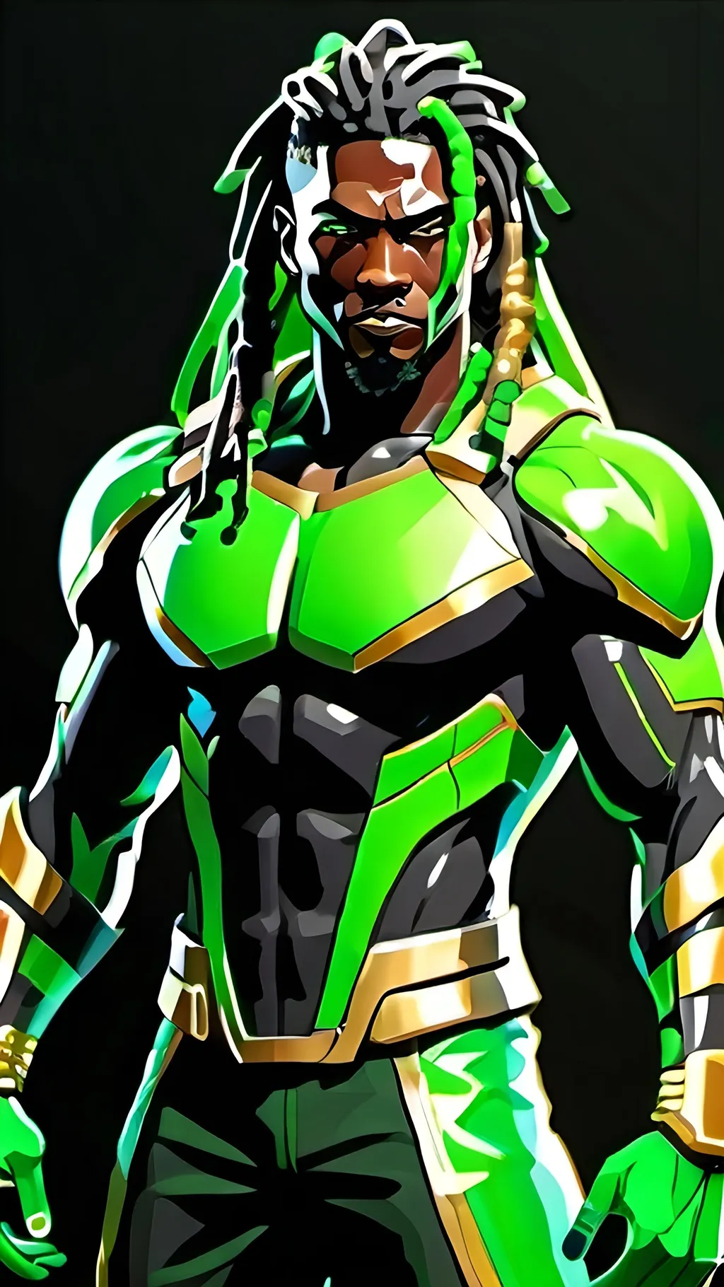 Prompt: Black male hero, muscular, long green dreadlocks, green goatee, black cyber ninja suit gold trim, green greeves gold trim, green boots gold trim,  cosmic powers 4k resolution, highly detailed 