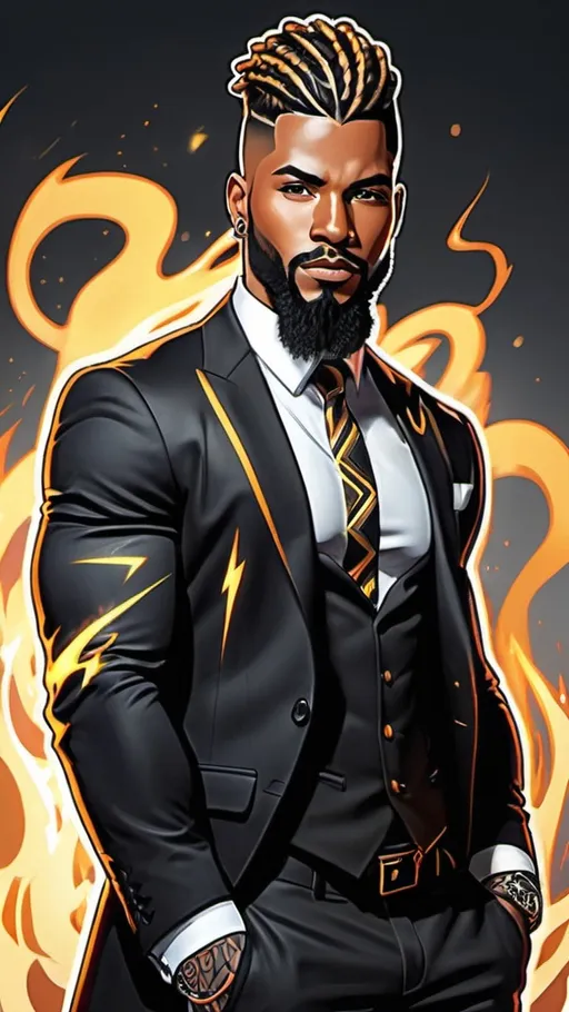 Prompt: African male, light skin tone, very muscular, (( faux hawk long braids 1.4)), long braided beard, (( wearing black tribal buisness suit 1.6)), body tattoos, (( thunder and fire energy powers, lightning powers 1.5)), best quality, professional comicbook style illustration, flat colors, prominent outlines and linework,