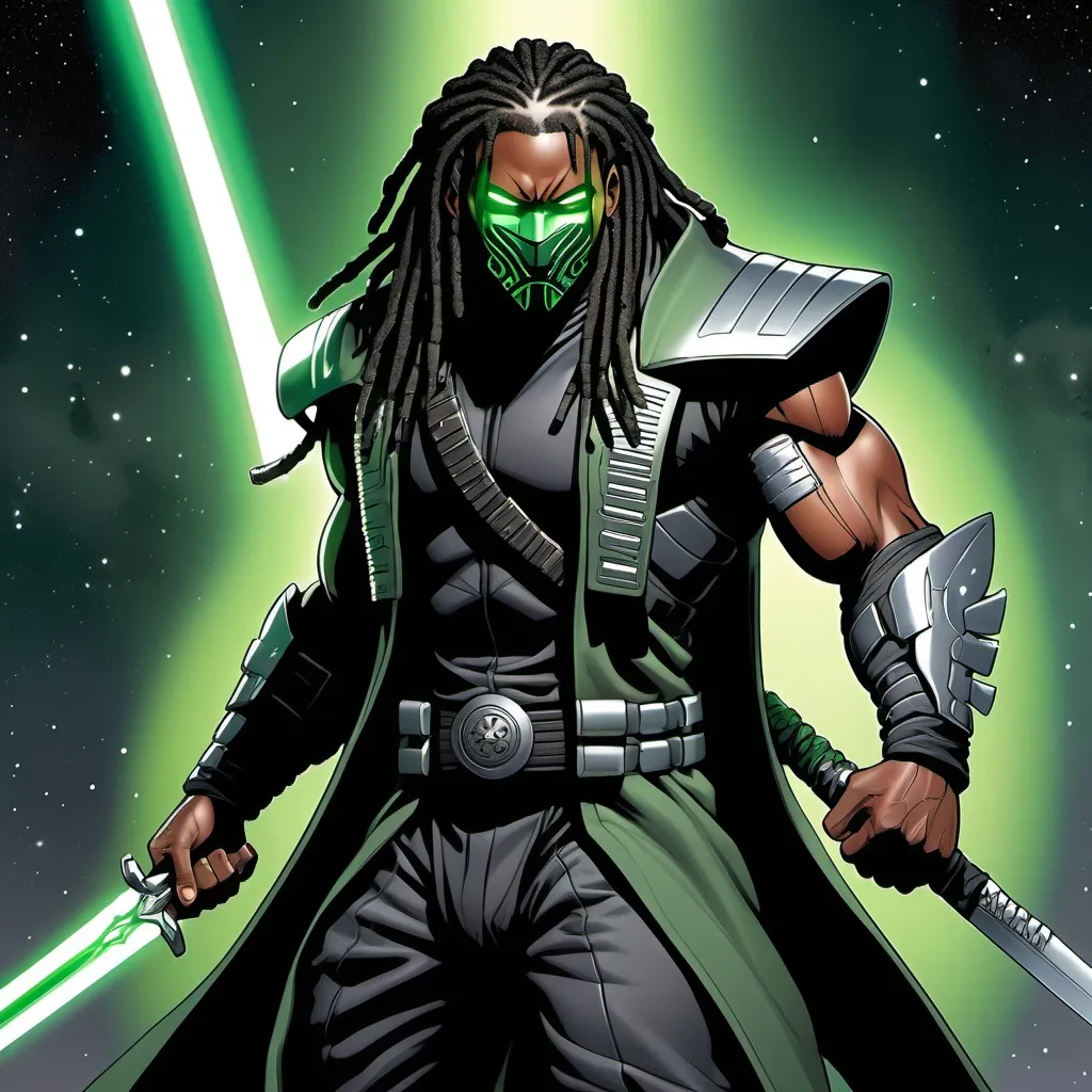 Prompt: African-American male hero, muscular, goatee, glowing eyes, cybernetic ninja mask, (wearing all black futuristic sci fi tactical ninja gunslinger suit and trench coat with bold silver trim 1.5), long green dreadlocks,  holding sci fi ninja swords heavily armed, weapons on back, (cosmic energy powers 1.6), detailed, high quality, professional comicbook style illustration, prominent outlines and linework 