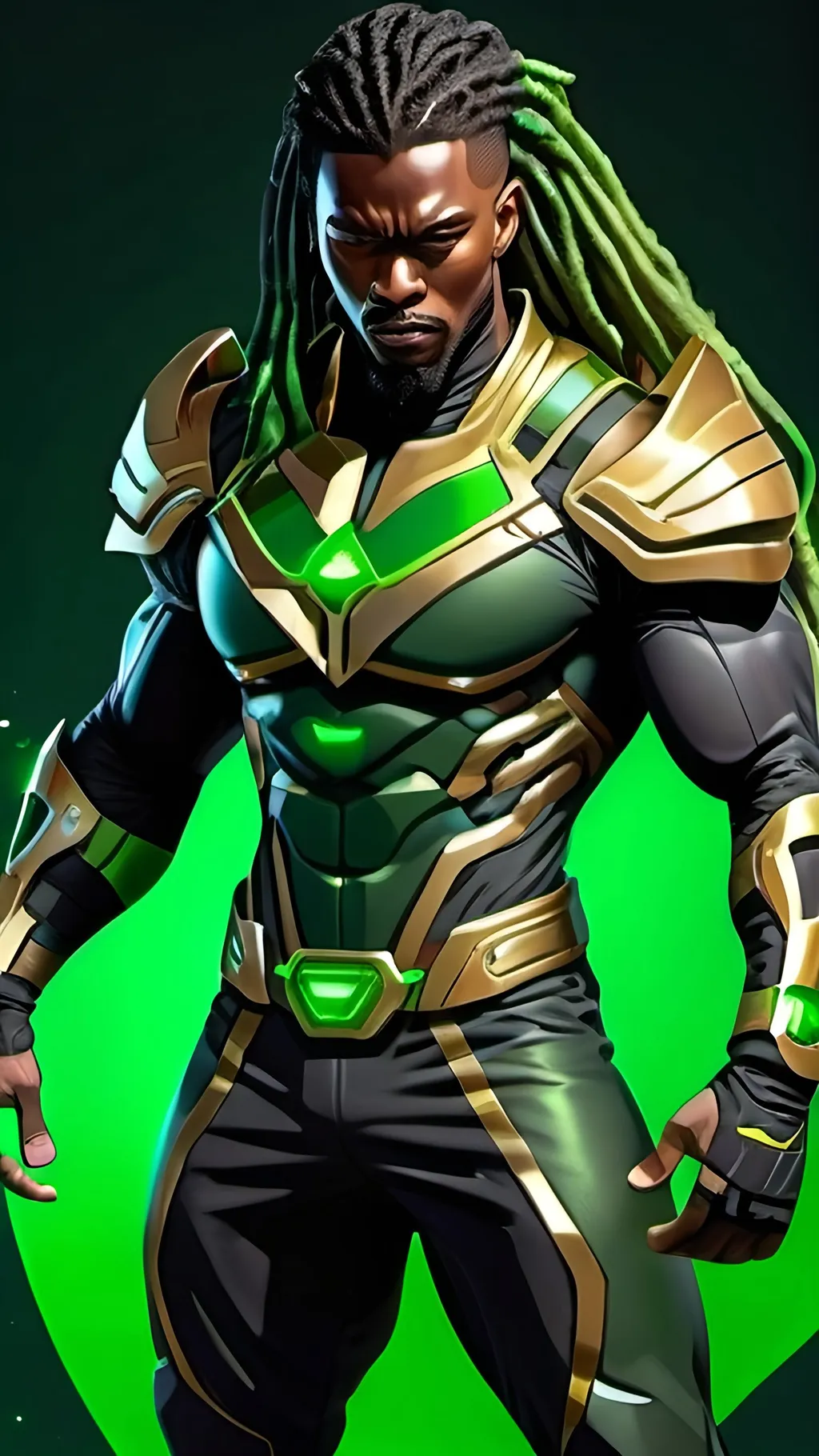 Prompt: Black male hero, muscular, long green dreadlocks, green goatee, black cyber ninja suit gold trim, green greeves gold trim, green boots gold trim,  cosmic powers 4k resolution, highly detailed 