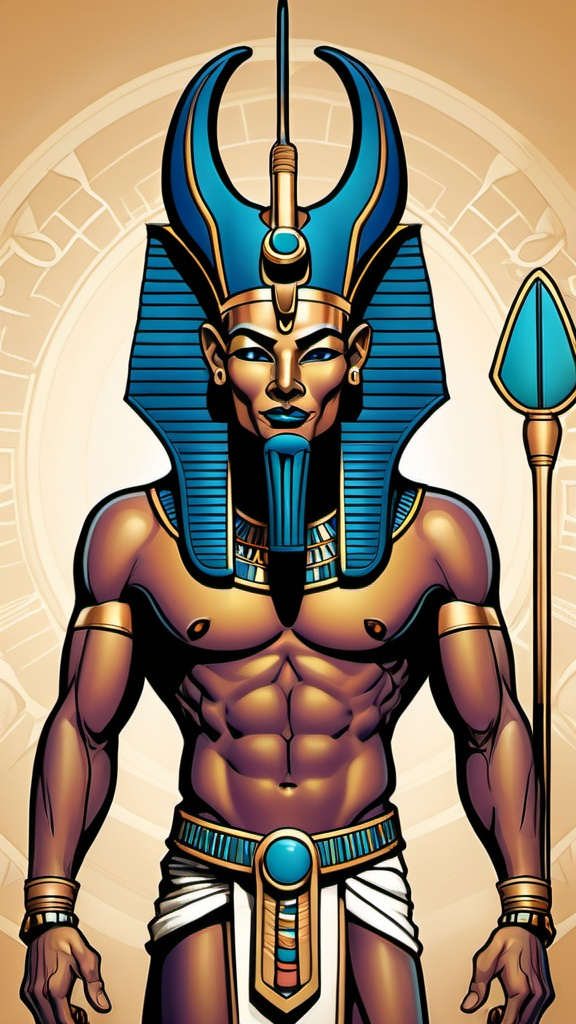 Prompt: Egyptian God Maahes, professional comicbook style illustration, prominent outlines and linework, color photo 
