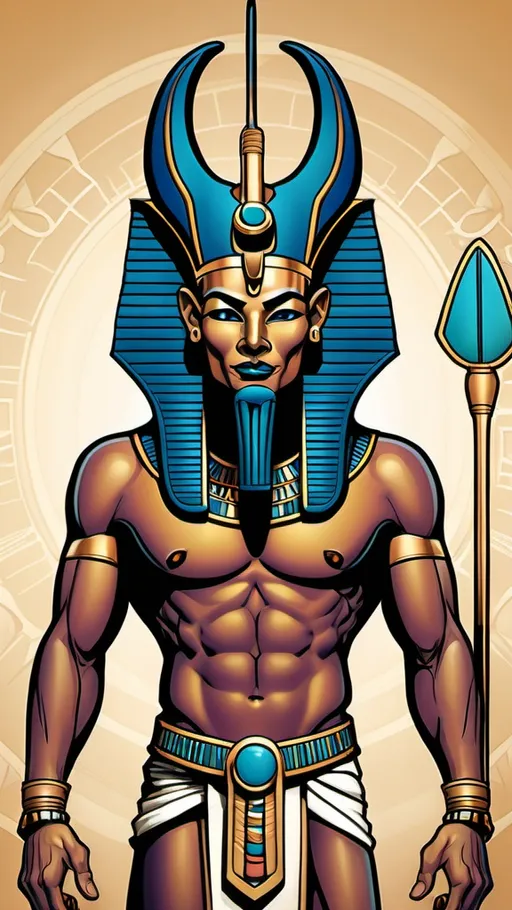 Prompt: Egyptian God Maahes, professional comicbook style illustration, prominent outlines and linework, color photo 
