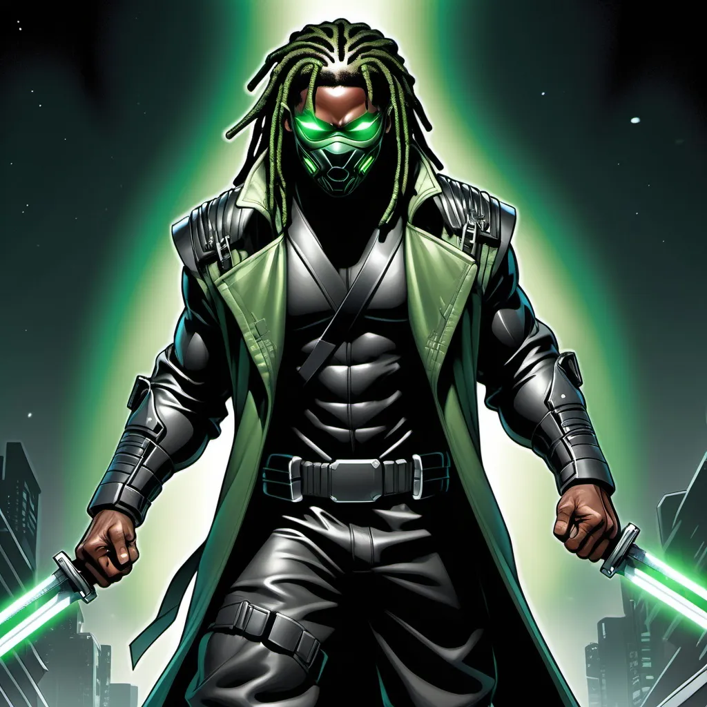 Prompt: African-American male hero, muscular, goatee, glowing eyes, cybernetic ninja mask, (wearing all black futuristic sci fi tactical ninja gunslinger suit and trench coat with bold silver trim 1.5), long green dreadlocks,  holding sci fi ninja swords heavily armed, weapons on back, (cosmic energy powers 1.6), detailed, high quality, professional comicbook style illustration, prominent outlines and linework 