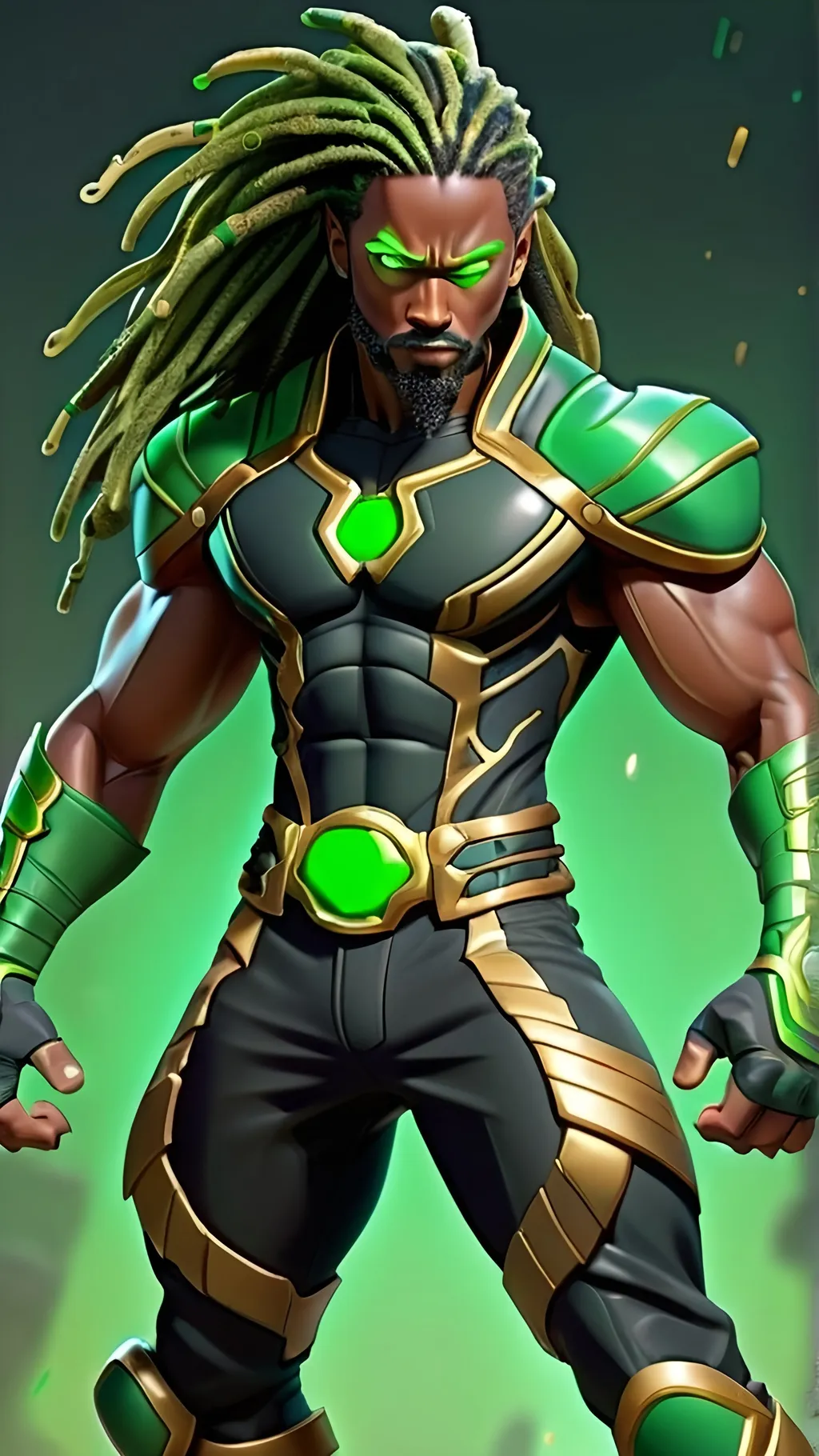 Prompt: Black male hero, muscular, long green dreadlocks, green goatee, black cyber ninja suit gold trim, green greeves gold trim, green boots gold trim,  cosmic powers 4k resolution, highly detailed 