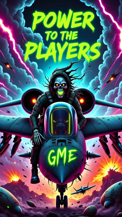 Prompt: A vividly detailed and hyper-awesome comic-book-style battle scene featuring a ghoul piloting an A-10 Warthog ground-attack aircraft. The A-10's rugged, iconic airframe is rendered with stunning precision, featuring glowing neon 'GME' nose art and realistic battle-worn textures. The ghoul, skeletal with fiery green eyes and a torn flight suit, grips the controls with a menacing presence, exuding supernatural power. The backdrop is an intense war zone, with stormy skies, fiery explosions on the ground below, tracer rounds streaking across the air, and glowing embers creating a chaotic apocalyptic scene. The phrase 'Power to the Players' glows in bold neon letters across the sky, amplifying the eerie and defiant tone. The color palette combines vibrant blues, purples, fiery oranges, and greens, creating a striking fusion of macabre horror and military might.