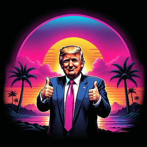 Prompt: Donald Trump giving a thumbs up in front of a synthwave sunset