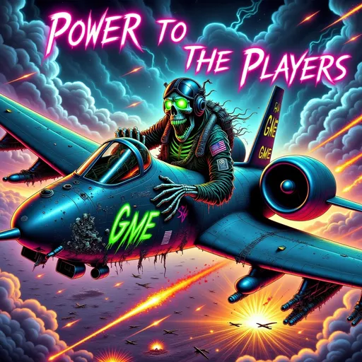 Prompt: A vividly detailed and hyper-awesome comic-book-style battle scene featuring a ghoul piloting an A-10 Warthog ground-attack aircraft. The A-10's rugged, iconic airframe is rendered with stunning precision, featuring glowing neon 'GME' nose art and realistic battle-worn textures. The ghoul, skeletal with fiery green eyes and a torn flight suit, grips the controls with a menacing presence, exuding supernatural power. The backdrop is an intense war zone, with stormy skies, fiery explosions on the ground below, tracer rounds streaking across the air, and glowing embers creating a chaotic apocalyptic scene. The phrase 'Power to the Players' glows in bold neon letters across the sky, amplifying the eerie and defiant tone. The color palette combines vibrant blues, purples, fiery oranges, and greens, creating a striking fusion of macabre horror and military might.