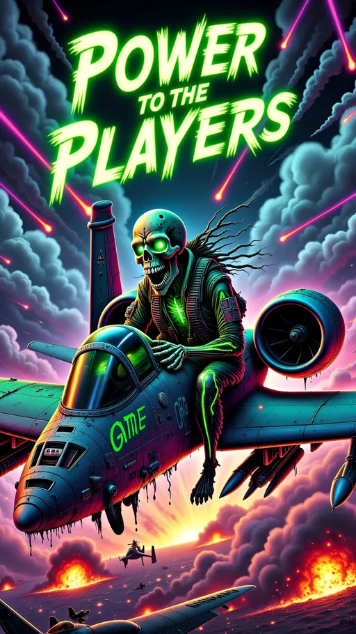 Prompt: A vividly detailed and hyper-awesome comic-book-style battle scene featuring a ghoul piloting an A-10 Warthog ground-attack aircraft. The A-10's rugged, iconic airframe is rendered with stunning precision, featuring glowing neon 'GME' nose art and realistic battle-worn textures. The ghoul, skeletal with fiery green eyes and a torn flight suit, grips the controls with a menacing presence, exuding supernatural power. The backdrop is an intense war zone, with stormy skies, fiery explosions on the ground below, tracer rounds streaking across the air, and glowing embers creating a chaotic apocalyptic scene. The phrase 'Power to the Players' glows in bold neon letters across the sky, amplifying the eerie and defiant tone. The color palette combines vibrant blues, purples, fiery oranges, and greens, creating a striking fusion of macabre horror and military might.