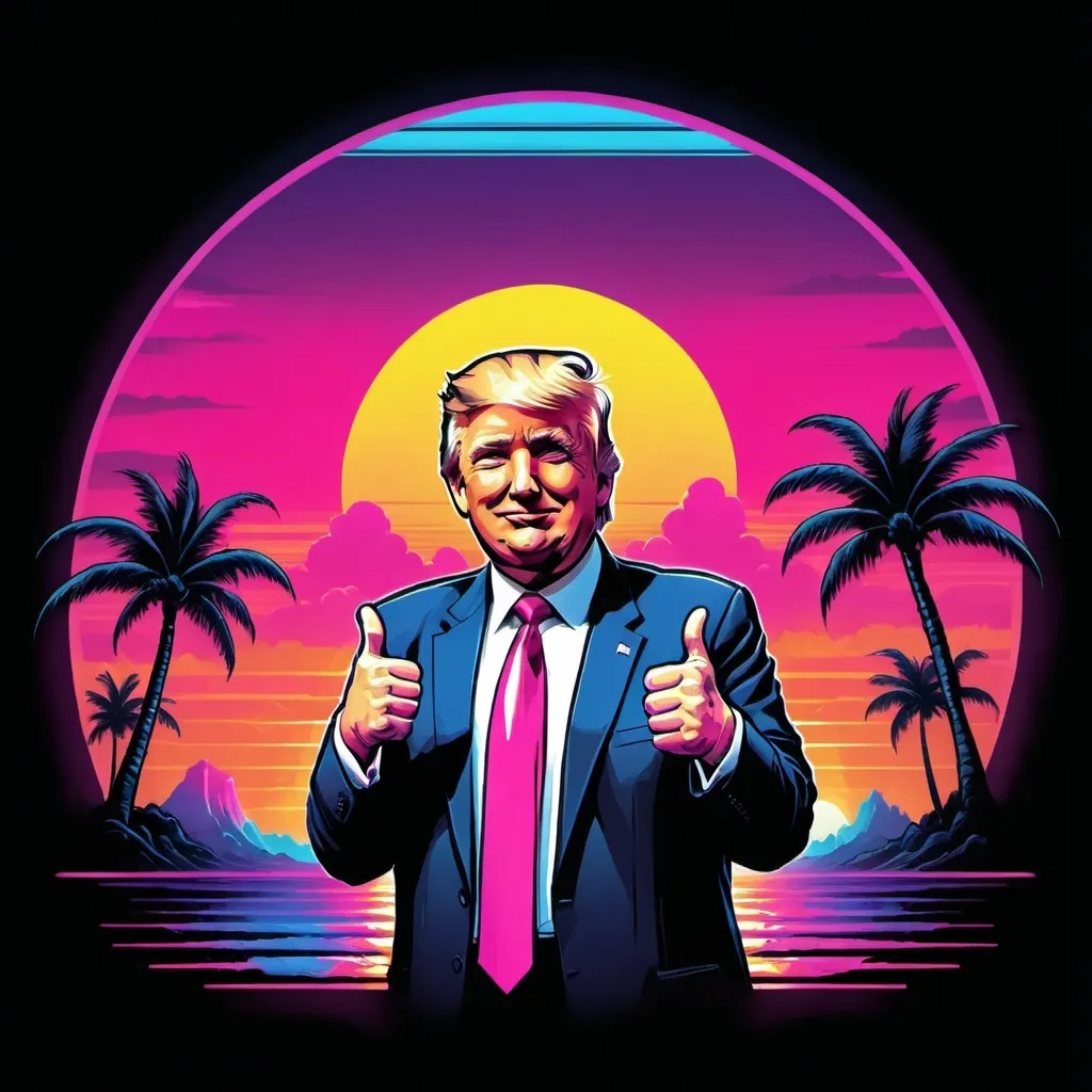 Prompt: Donald Trump giving a thumbs up in front of a synthwave sunset