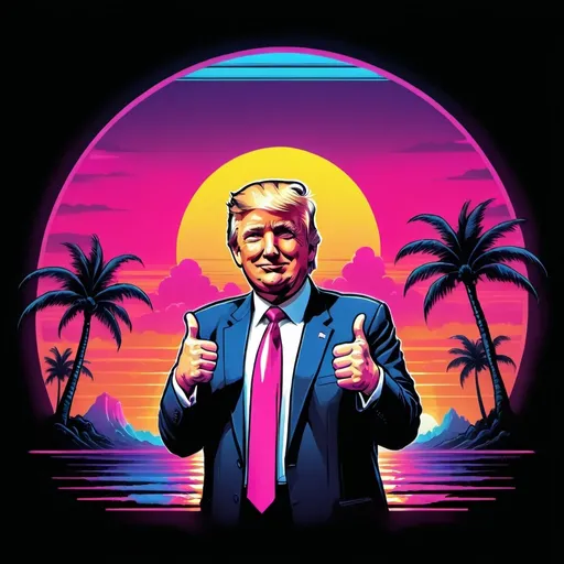 Prompt: Donald Trump giving a thumbs up in front of a synthwave sunset