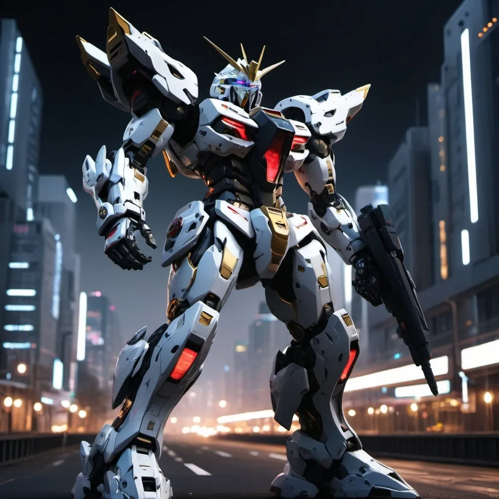 Prompt: futuristic Gundam barbatos mech, (cybernetic design), sleek armor, intricate mechanical details, glowing neon accents, dark color scheme, deep shadows, (high-tech components), dynamic pose, atmospheric lighting, sci-fi elements, ultra-detailed, (4K), moody backdrop, urban landscape, sense of power and readiness.