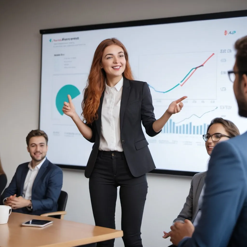 Prompt: charismatic girl pitching her startup to investors