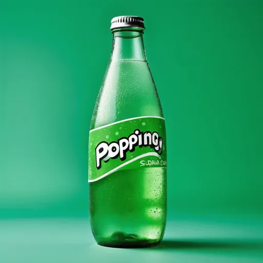 Prompt: a bright green soda bottle called 'popping soda'