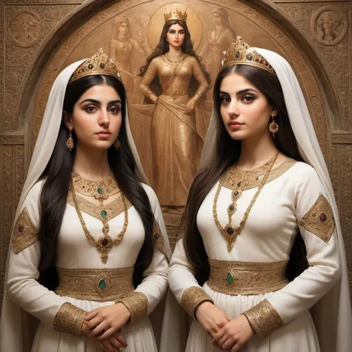 Prompt: "I would like to request an AI to recreate an image of Princess Purandokht and Princess Azarmidokht, two Iranian princesses from the Sassanian era."