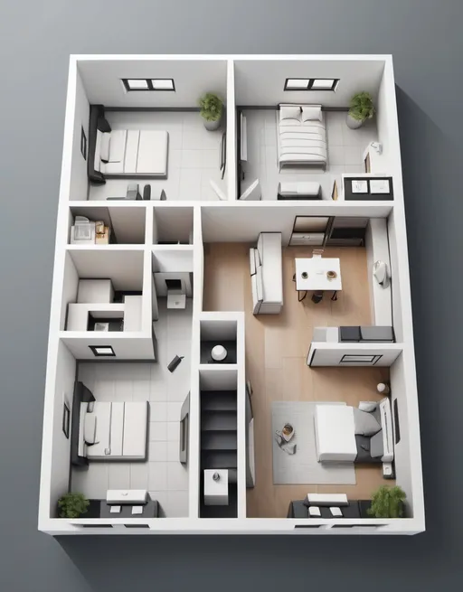 Prompt: Studio apartment floorplan, 2D vector illustrations, high quality, detailed layout, modern design, professional style, minimalistic, precise lines, clean and crisp, organized space, neutral color palette, top-notch, well-crafted, artistic floorplan, spacious layout, accurate representation, high-res, polished, architectural, detailed apartment, clear and precise, professional vector illustration, organized and efficient, minimalistic design - modern with nice materials. The floor will be hardwood, granite countertop for kitchen and big format tiles in bathrooms
- top floor of 3 story building with full 4 facades no neighbors and nice moutain views espacilly to the west, with a total area of rectangular form 25m long and 10m large composed of a two identical rectangular areas a built-in area of 12.5m long and 10m wide plus an adjacent terrasse of rectangular form 12.5m long and 10 wide. 
- the terrace is north facing and contains the main entrance door wich is in the center of the 10m width of the terrace
- There should be no stairs in the whole area. Single story is VERY VERY IMPORTANT as this should be adapted to disabled people
- There should be EXACTLY 3 bedrooms : - 2 master bedrooms with attached bathrooms and one bedroom with separate bathroom
- There should be EXACTLY one living room with open kitchen and full nice appliances, west facing to benefit from the nice views
- There should be no constructions on the terrace, water resistant floor, and a swimingpool 8m long and 4m large, the 8m portion is west facing to benefit from the nice views